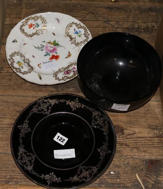 Glass bowl, silvered plate & floral plate